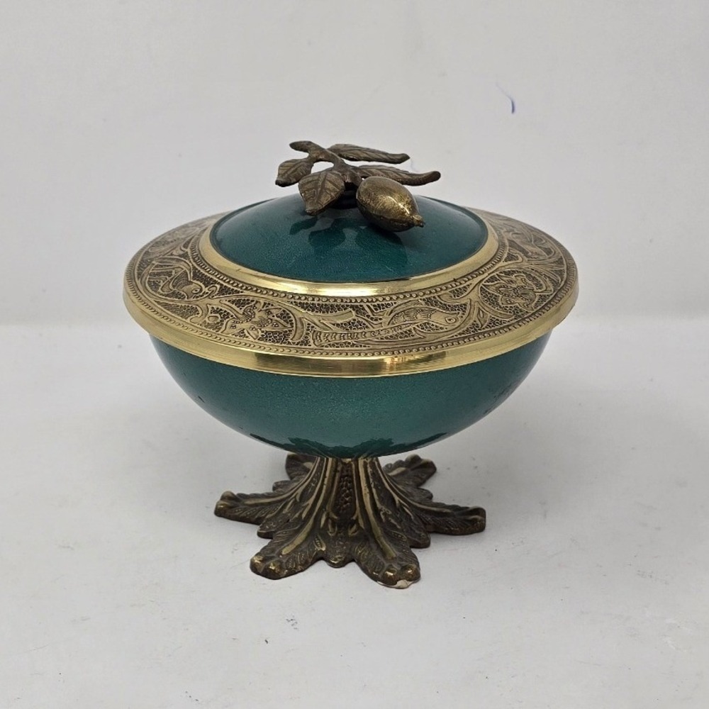 Vtg Sabra enamel brass candy pedestal trinket lidded box‎ Israel brutalist